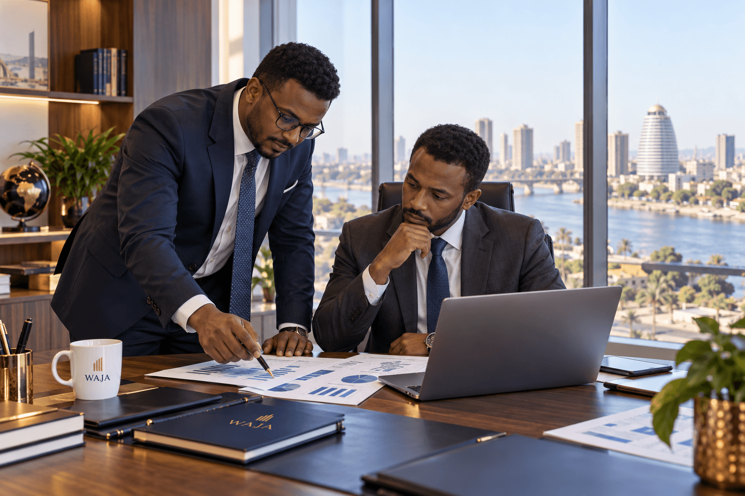 Two professionals reviewing charts on a laptop in an office overlooking a river and city skyline