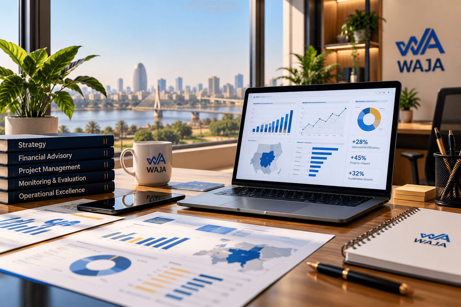 Laptop showing analytics dashboards beside printed reports and binders on a desk overlooking a river and city