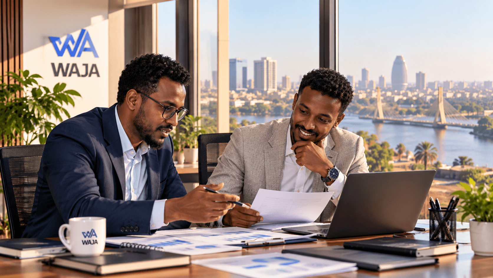 Two professionals reviewing reports and charts together at a desk in an office overlooking a river