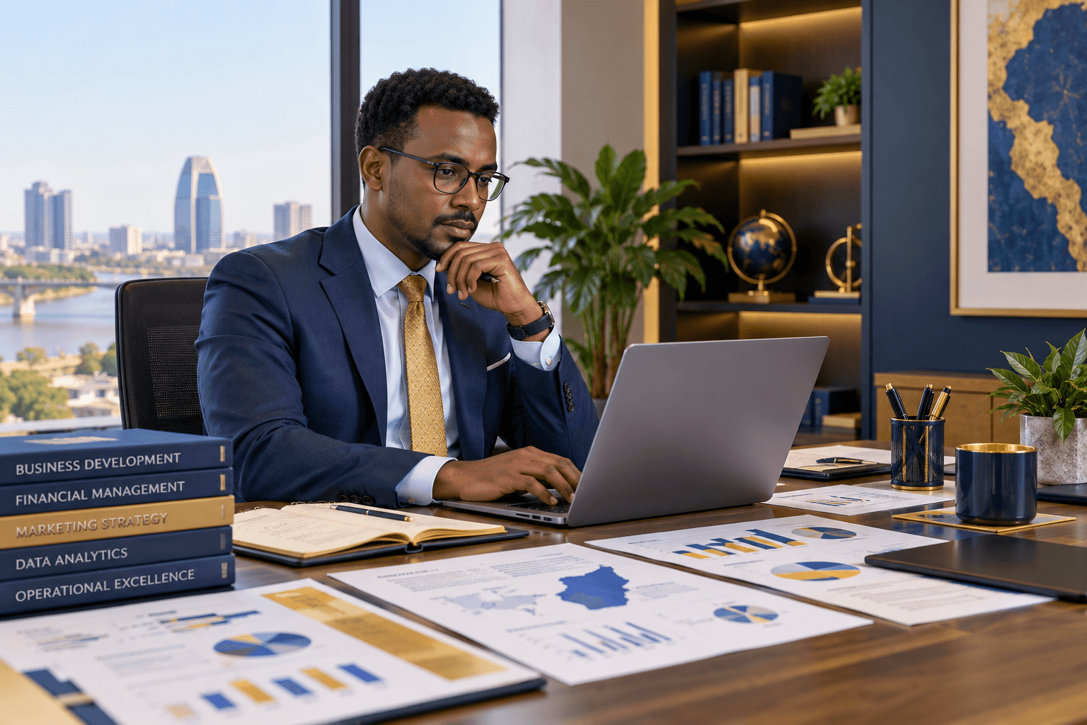 A professional in a suit working on a laptop at a desk with printed reports, charts and business reference books