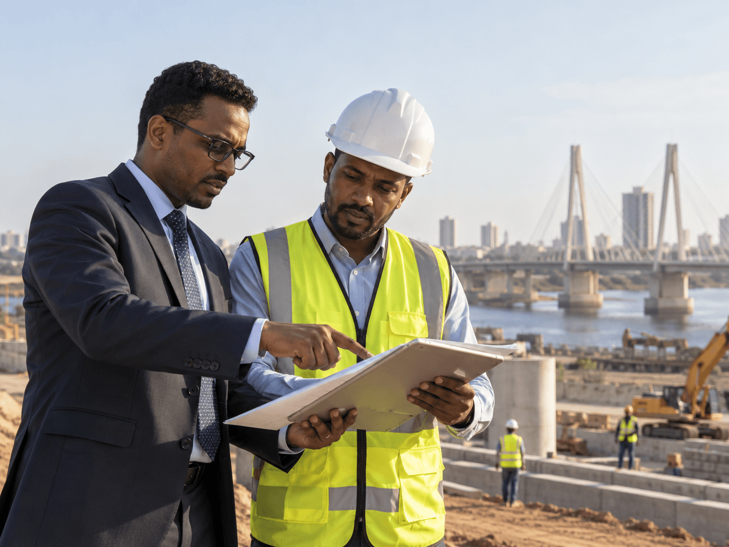 Two professionals reviewing project documents at an infrastructure construction site.